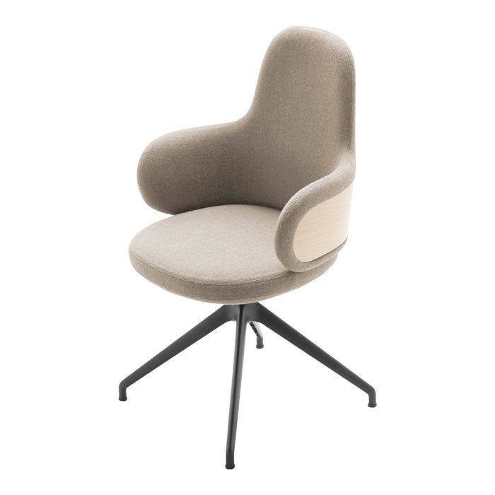 Beige upholstered chair with soft curves and a sleek black base, perfect for modern interiors.