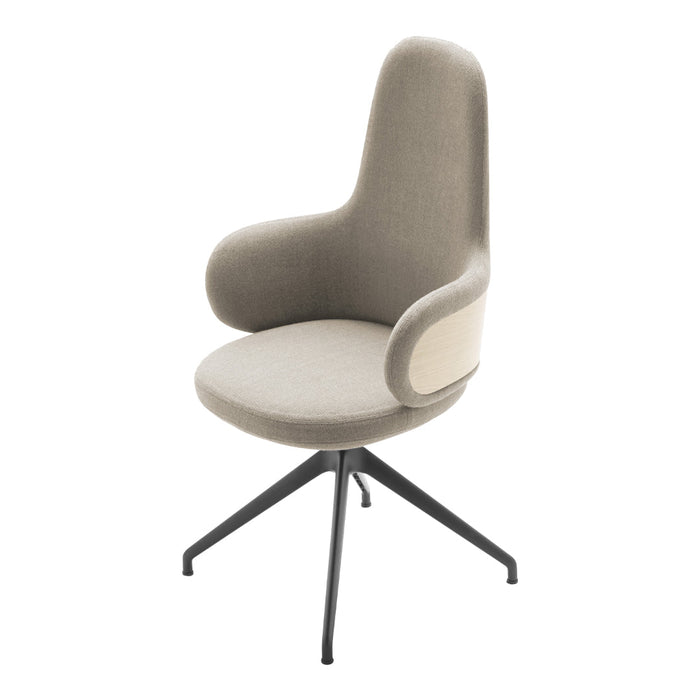 Light gray ergonomic chair with soft fabric, sleek black base, and minimalist design. Perfect for modern interiors.
