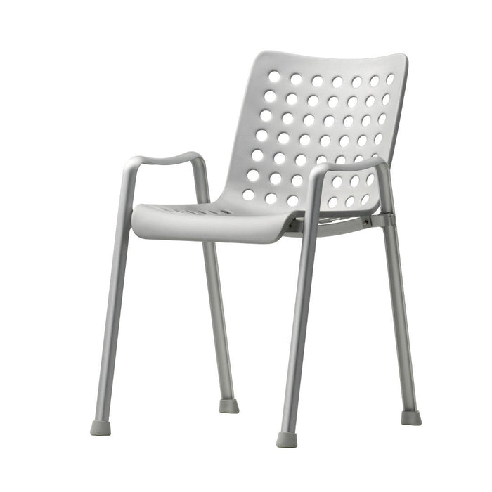 Gray plastic chair with a modern design featuring circular perforations for ventilation and comfort. Perfect for indoor/outdoor use.