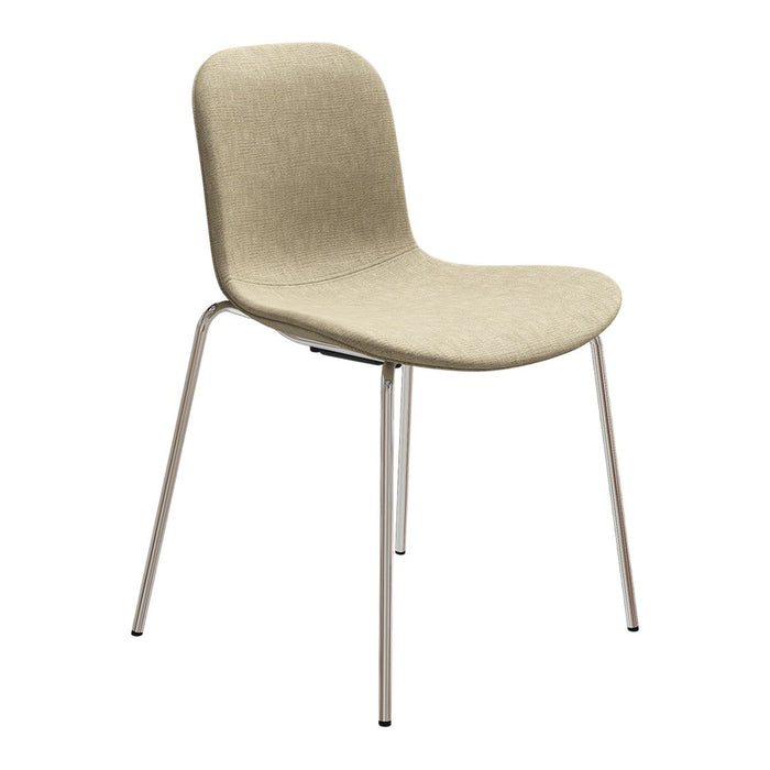Beige upholstered chair with smooth, curved design and sleek silver legs. Modern, minimalist aesthetic for any space.