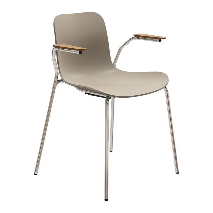 Beige chair with sleek chrome legs and wooden armrests, featuring a minimalist design and smooth surface.