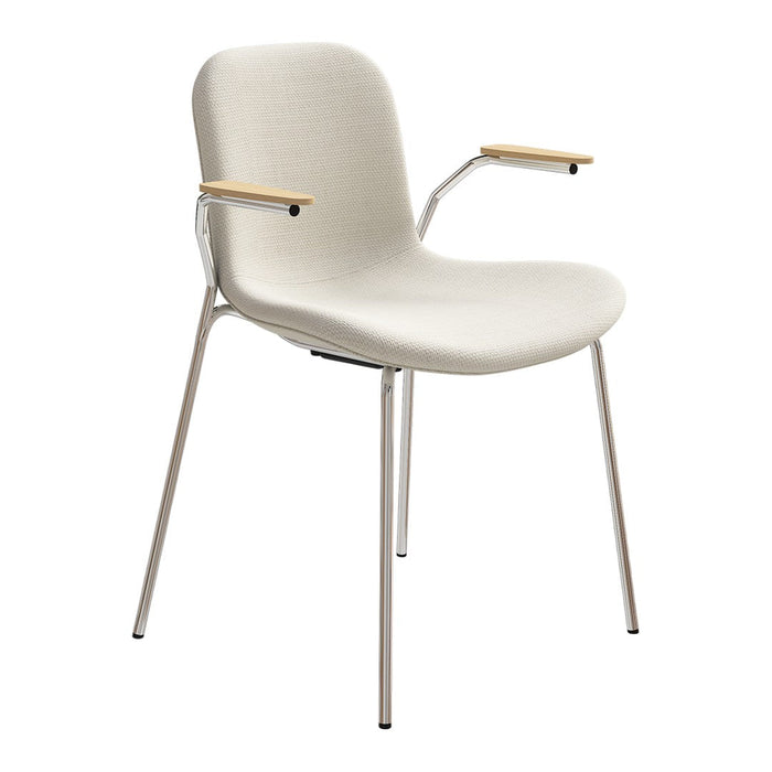 Elegant beige chair with a smooth fabric seat, chrome legs, and natural wood armrests, featuring a minimalist design.