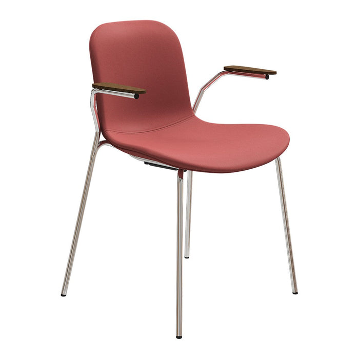 Stylish chair in soft pink with minimalistic design and sleek metal legs, featuring wooden armrests for added comfort.