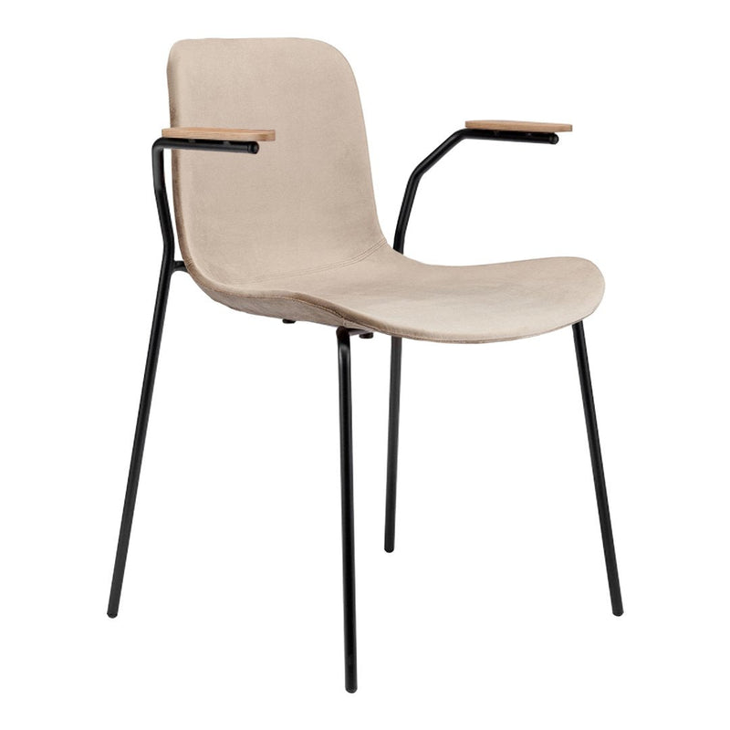 Beige upholstered chair with black metal legs and natural wood armrest accents. Simple and modern design.