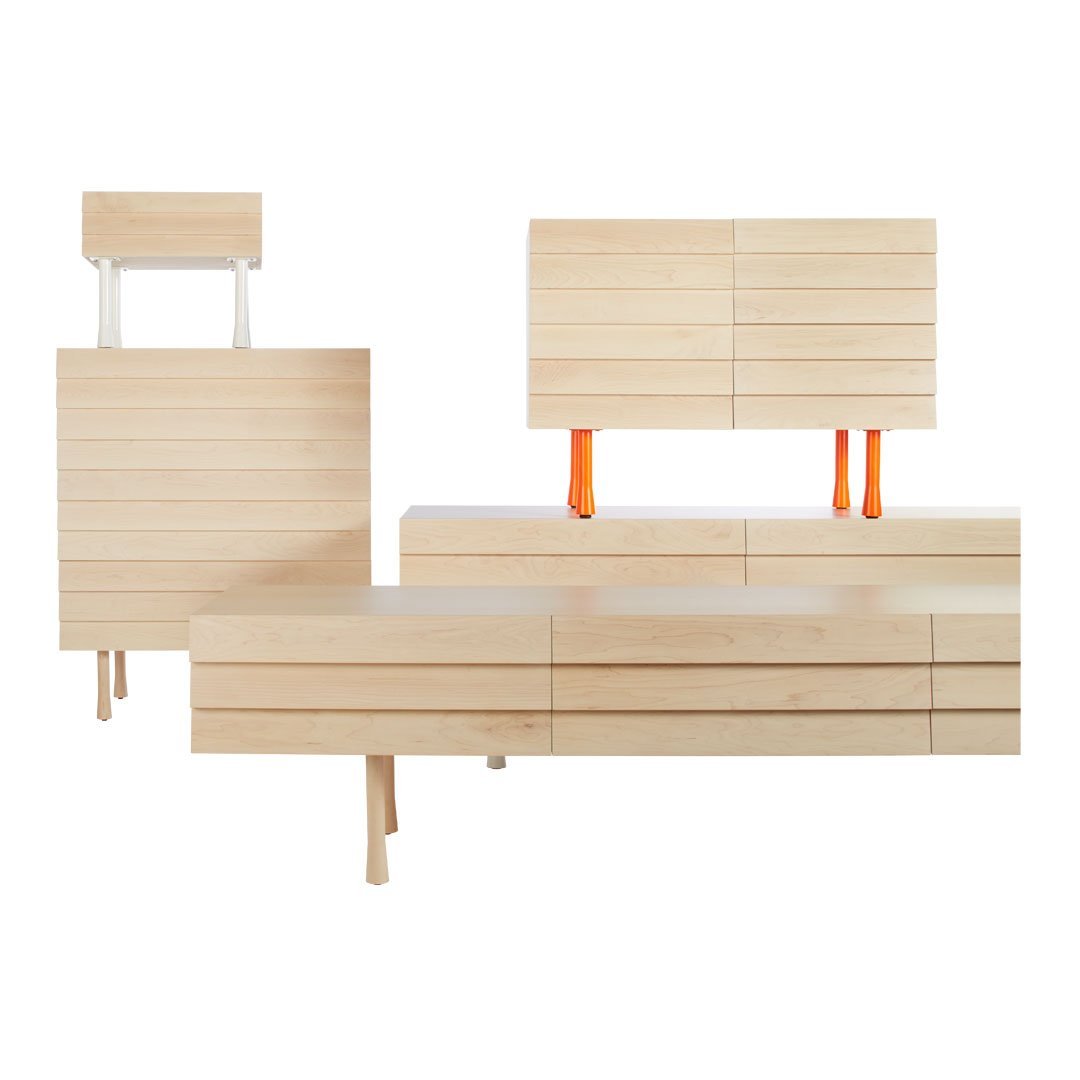 Light wood furniture set featuring horizontal slat patterns and vibrant orange accents. Perfect for modern interiors.