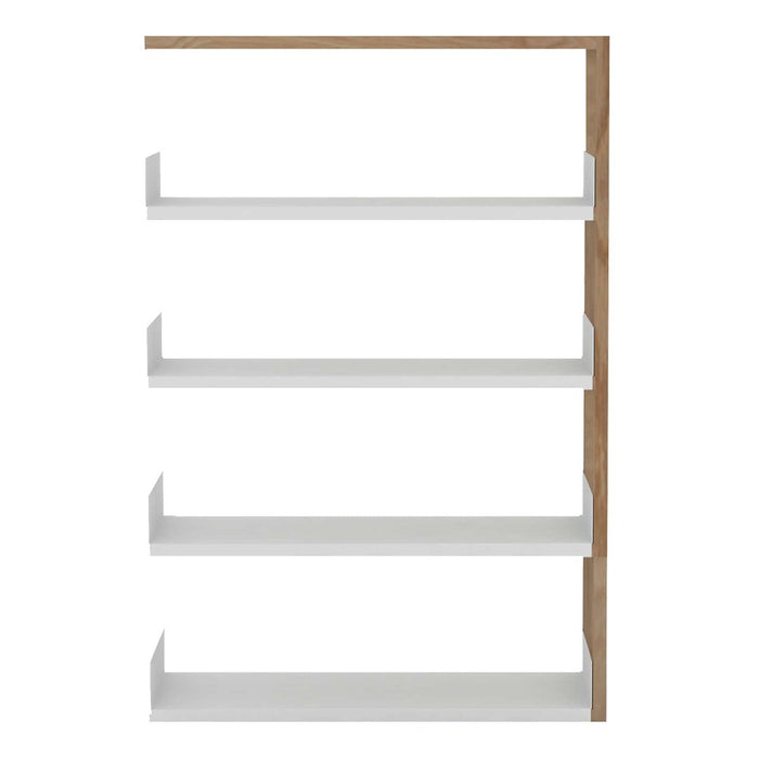 White shelves with a natural wood frame, featuring a modern, minimalist design. Perfect for stylish storage solutions.