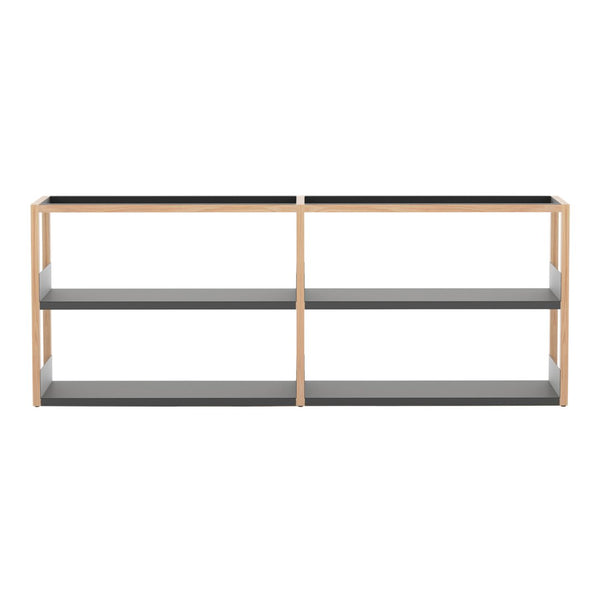 "Modern shelving unit in natural wood finish with sleek gray shelves, featuring minimalist design and geometric patterns."