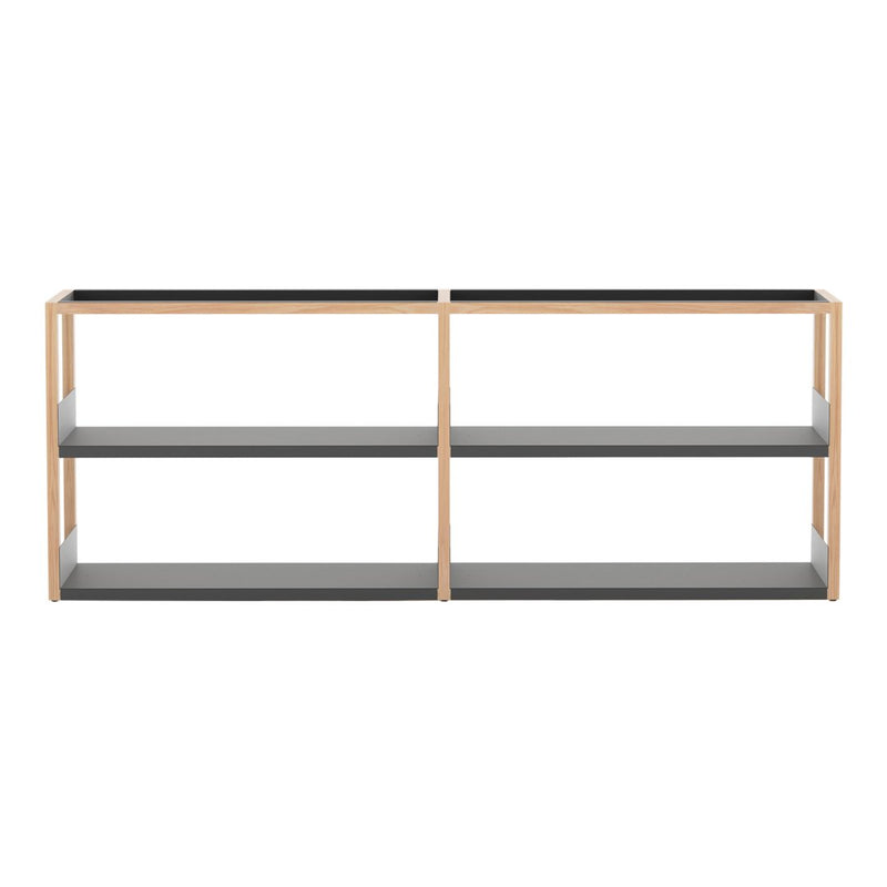 "Modern shelving unit in natural wood finish with sleek gray shelves, featuring minimalist design and geometric patterns."