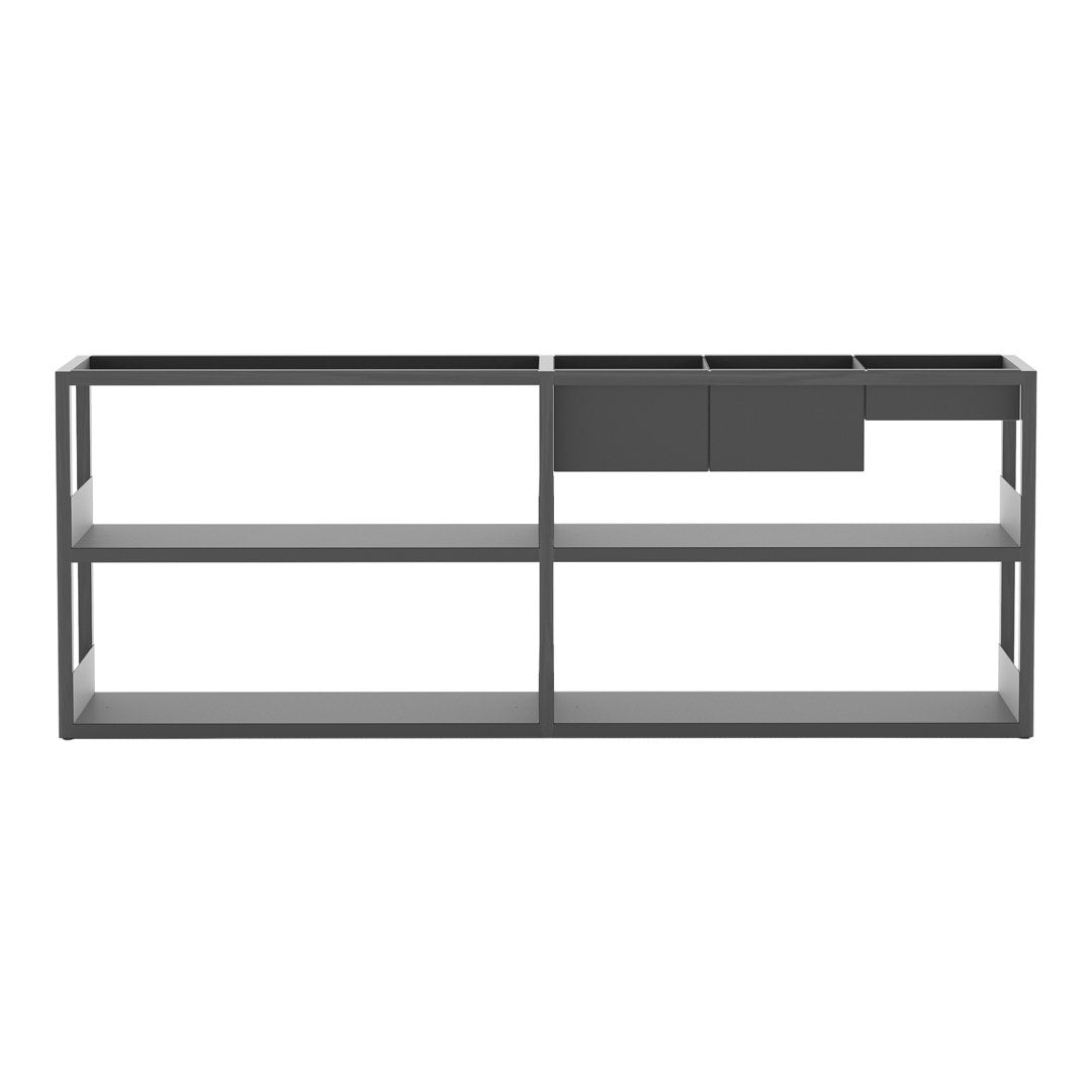 Modern gray TV stand with sleek lines, open shelving, and contrasting dark drawer accents. Perfect for minimalist decor.