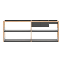Modern wooden console table with a sleek black top and gray shelves, featuring minimalistic design and clean lines.
