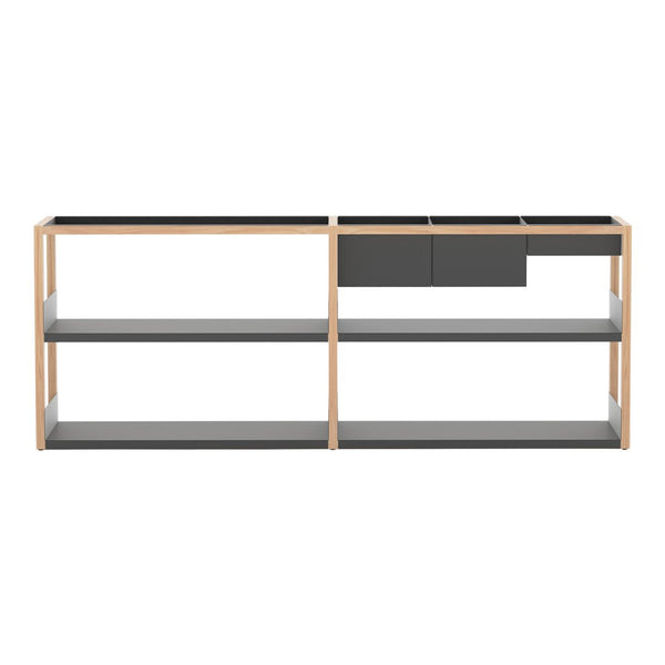 Modern wooden console table with a sleek black top and gray shelves, featuring minimalistic design and clean lines.
