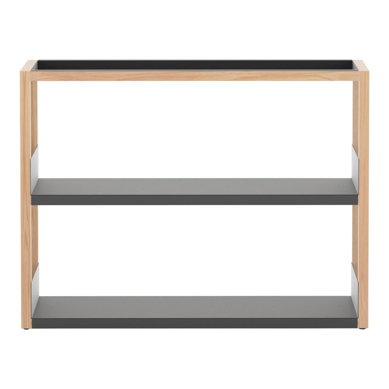 Light wood frame with two sleek black shelves; modern and minimalist design for versatile decor.