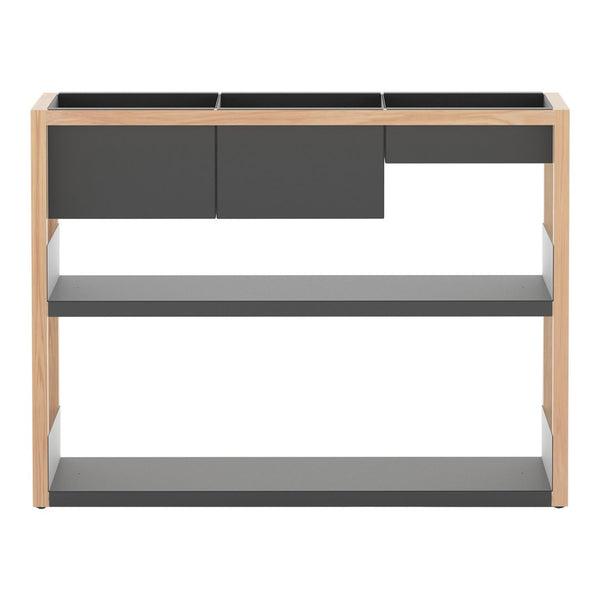 Modern wooden console table with light oak frame and sleek dark gray drawers and shelves. Minimalist design for any space.