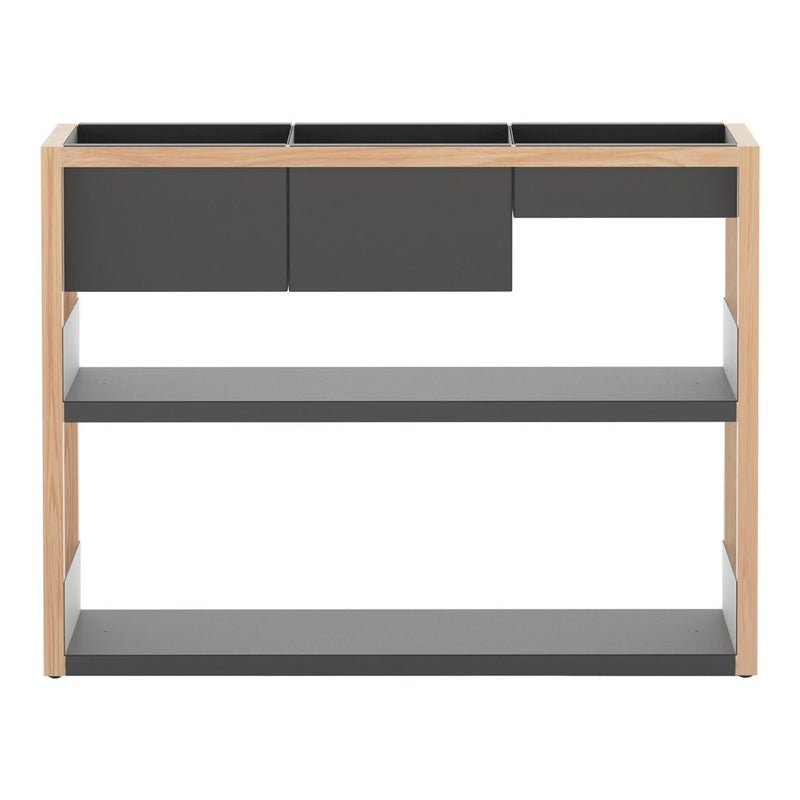 Modern wooden console table with light oak frame and sleek dark gray drawers and shelves. Minimalist design for any space.