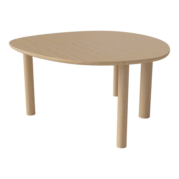 Light wood coffee table with a smooth, oval surface and natural finish, featuring simple round legs.