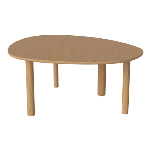 Brown oval wooden table with a smooth surface and natural wood grain pattern, featuring sturdy light wooden legs.