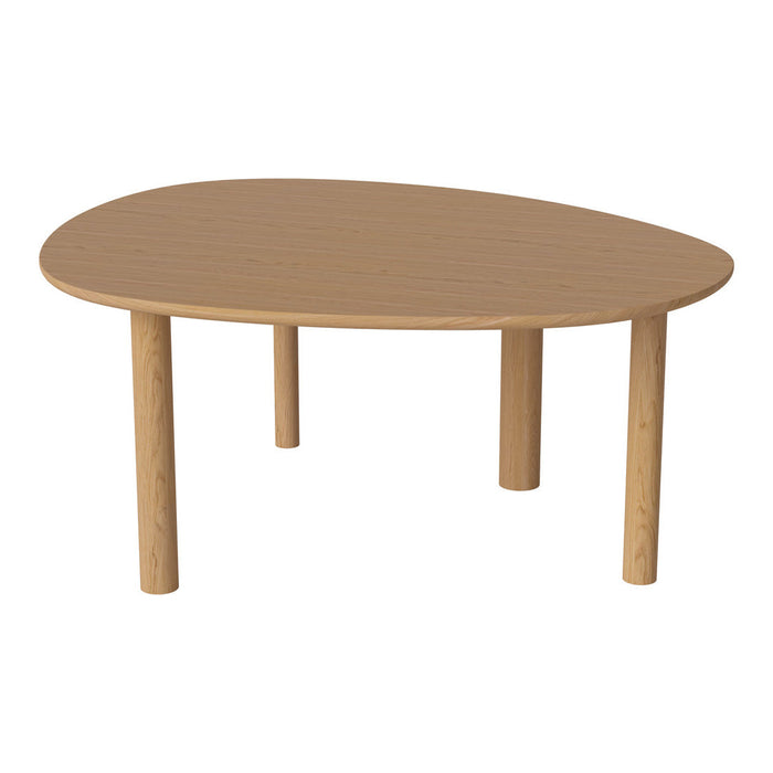 Brown oval wooden table with a smooth surface and natural wood grain pattern, featuring sturdy light wooden legs.