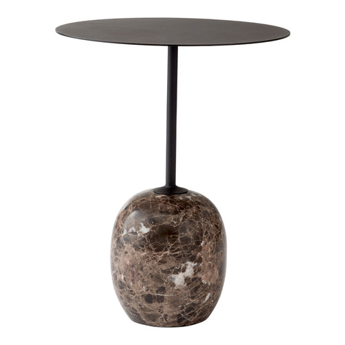 Elegant black round tabletop with a textured brown marble base, adding a modern touch to any decor.