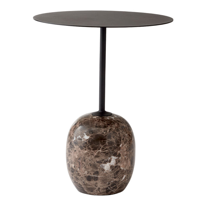 Elegant black round tabletop with a textured brown marble base, adding a modern touch to any decor.