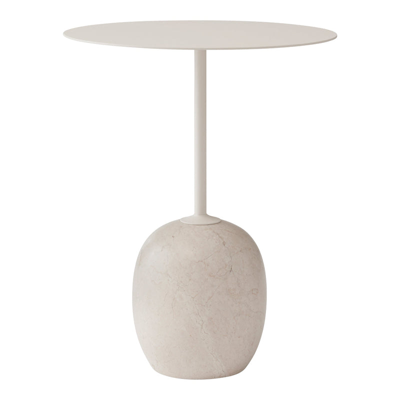 Light beige round table with a smooth circular top and a textured oval base, featuring a minimalist design.