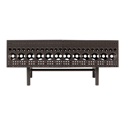 Dark brown media console with perforated circle pattern and sleek, modern design. Perfect for contemporary spaces.