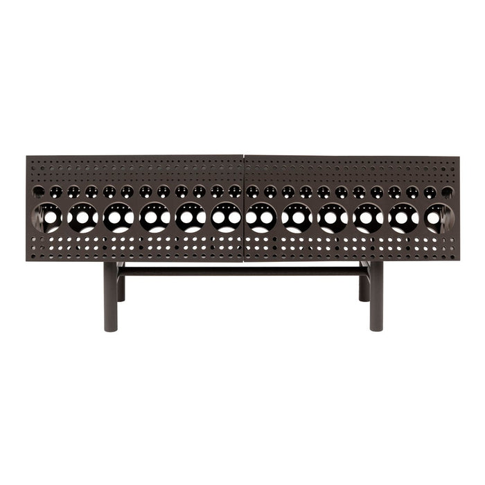 Dark brown media console with perforated circle pattern and sleek, modern design. Perfect for contemporary spaces.