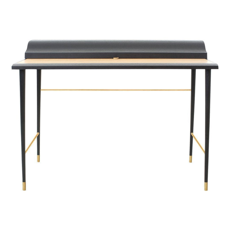 Black and gold desk with a sleek, modern design and a contrasting light wood top.