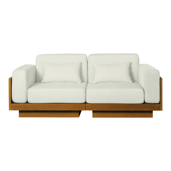 Modern two-seater sofa in crisp white upholstery with a clean, minimalist design and natural wood base.