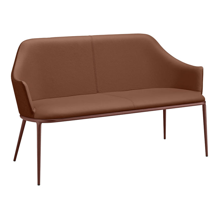 Brown upholstered sofa with sleek lines and minimalist design, featuring a solid color and no patterns.