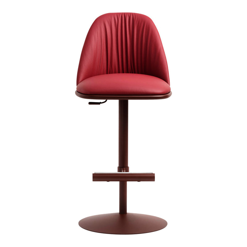 Red upholstered bar stool with vertical ribbed pattern and a sleek brown metal base. Ideal for modern decor.