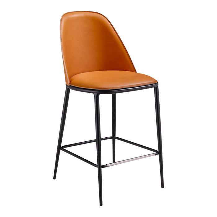 Stylish bar stool with a warm orange seat and sleek black metal frame, perfect for modern decor.