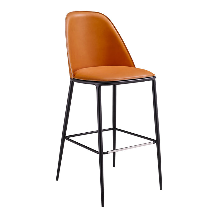 Stylish bar stool with a sleek black metal frame and warm tan leather seat. Perfect for modern spaces.