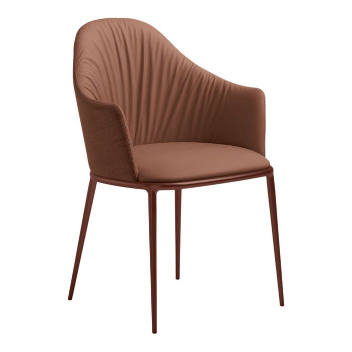 Brown ribbed upholstered chair with sleek metal legs, perfect for modern interior decor.