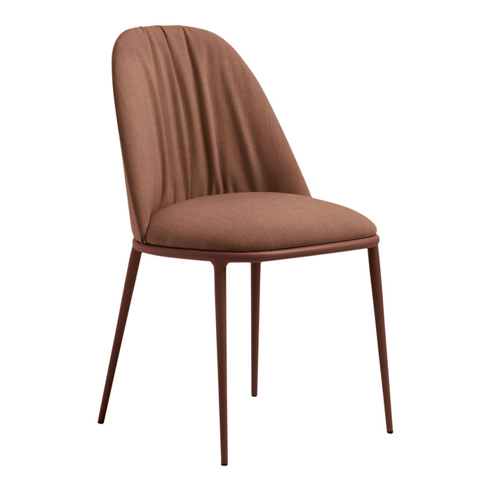 "Modern brown upholstered dining chair with vertical seam pattern and sleek metal legs."