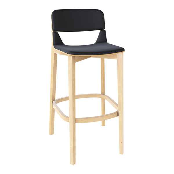 Black bar stool with a smooth matte finish and natural wood legs, featuring a simple, modern design.