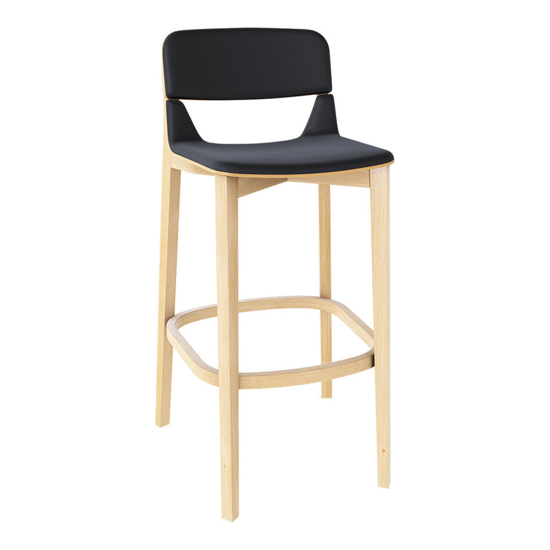 Black bar stool with a smooth matte finish and natural wood legs, featuring a simple, modern design.