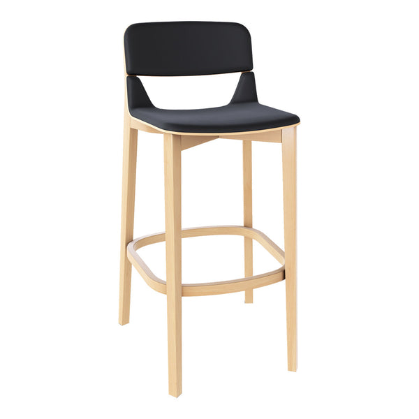 Black wooden bar stool with a natural wood frame, featuring a sleek, modern design and minimalist style.