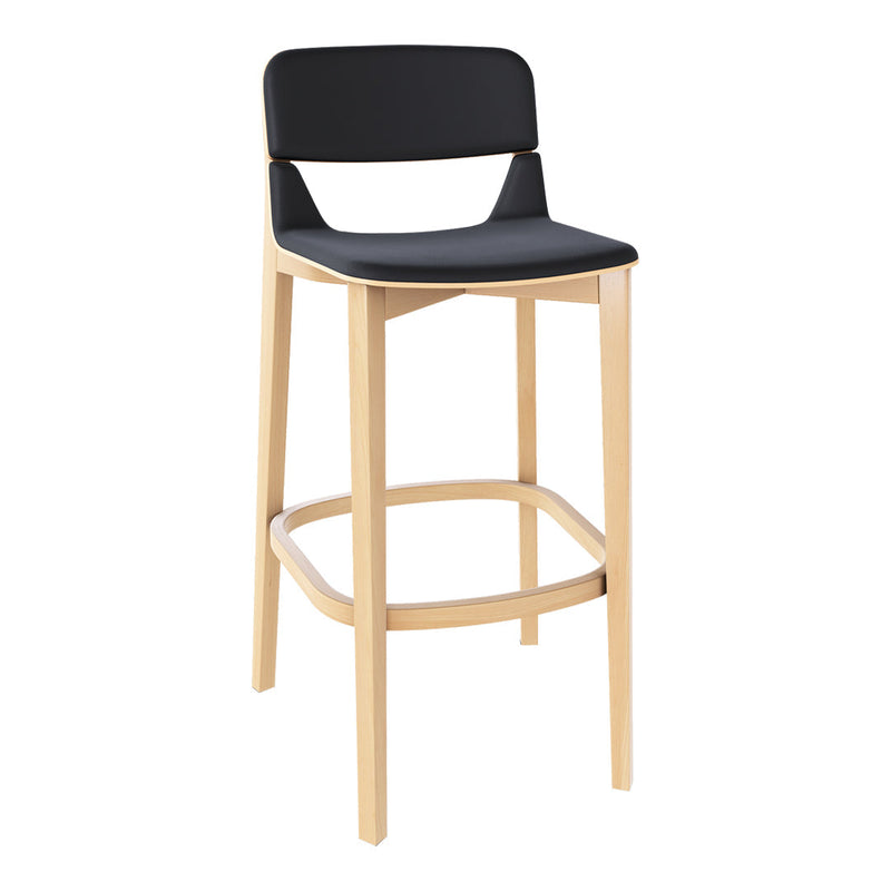 Black wooden bar stool with a natural wood frame, featuring a sleek, modern design and minimalist style.