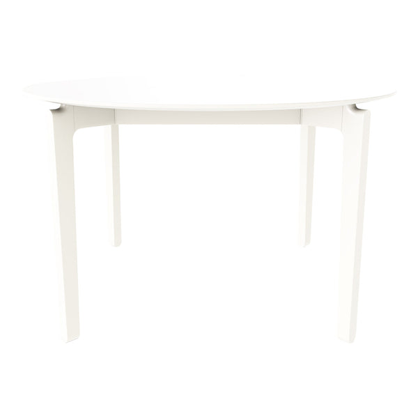 White, curved dining table with a minimalist design and smooth finish, perfect for modern interiors.