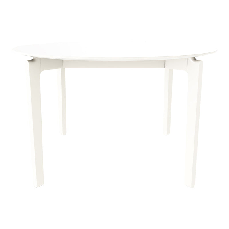 White, curved dining table with a minimalist design and smooth finish, perfect for modern interiors.