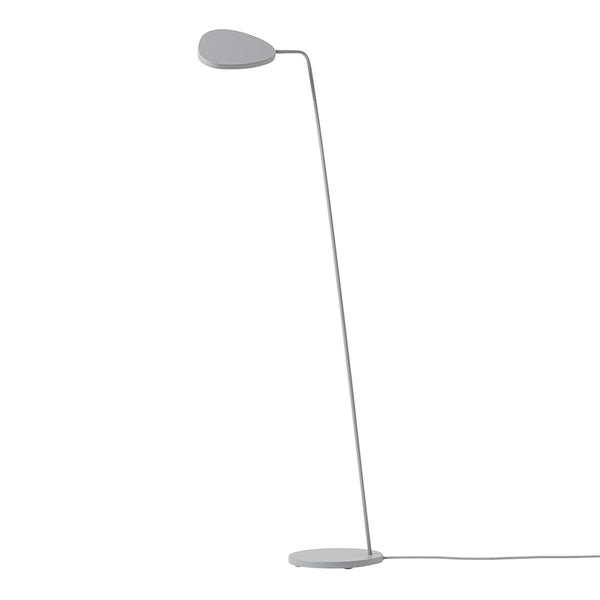 Sleek, modern floor lamp in minimalist silver with smooth, curved lines and a streamlined design.