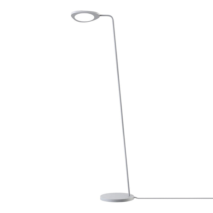 Sleek silver floor lamp with a minimalist design and a circular light fixture. Perfect for modern interiors.