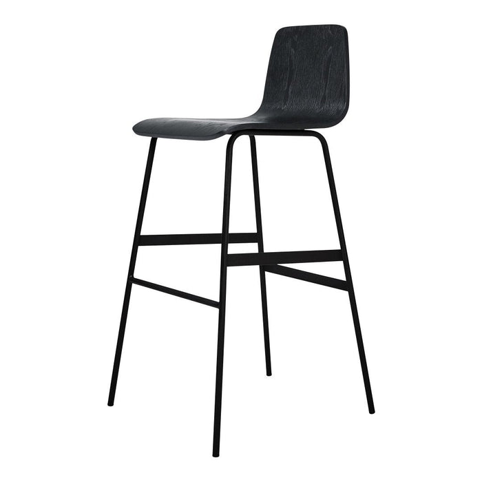 Modern black bar stool with a smooth, minimalist design and sleek metal legs. Perfect for contemporary decor.