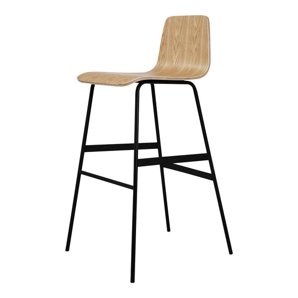 Tall black bar stool with a natural wood seat, featuring a smooth, minimalist design. Perfect for modern spaces.