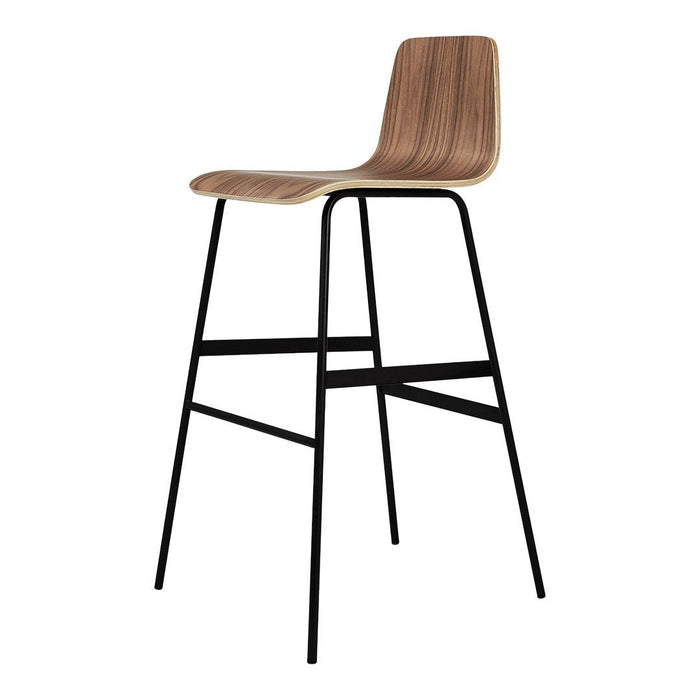 Wooden bar stool with a warm brown finish and a sleek black metal frame, featuring smooth, curved lines.