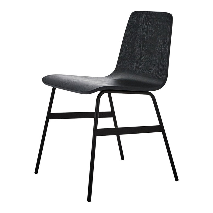 Black wooden chair with a sleek, minimalist design and a matte finish on both seat and black metal frame.