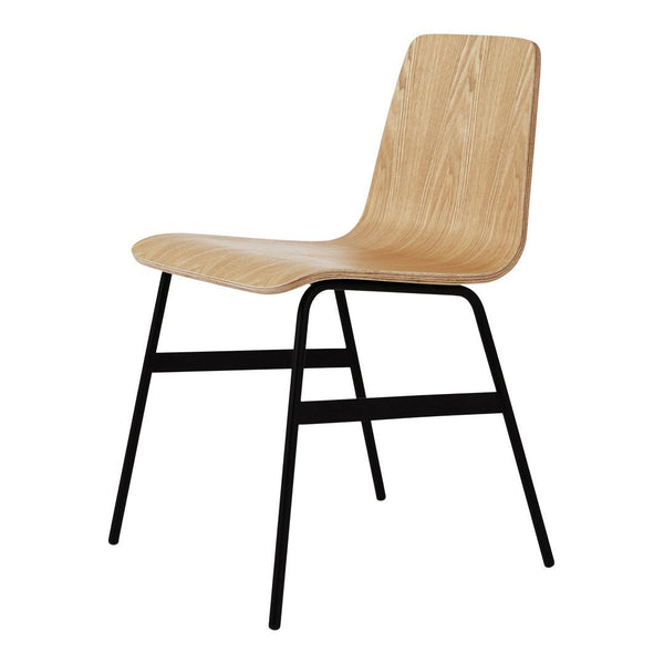 Natural wood grain chair with a sleek black metal frame, showcasing minimalist design and modern aesthetics.