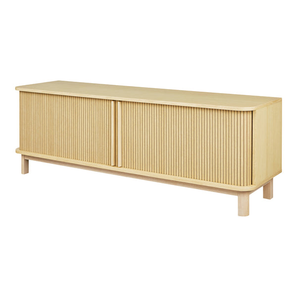 Light wood sideboard with a natural finish and ribbed texture, perfect for modern home decor.