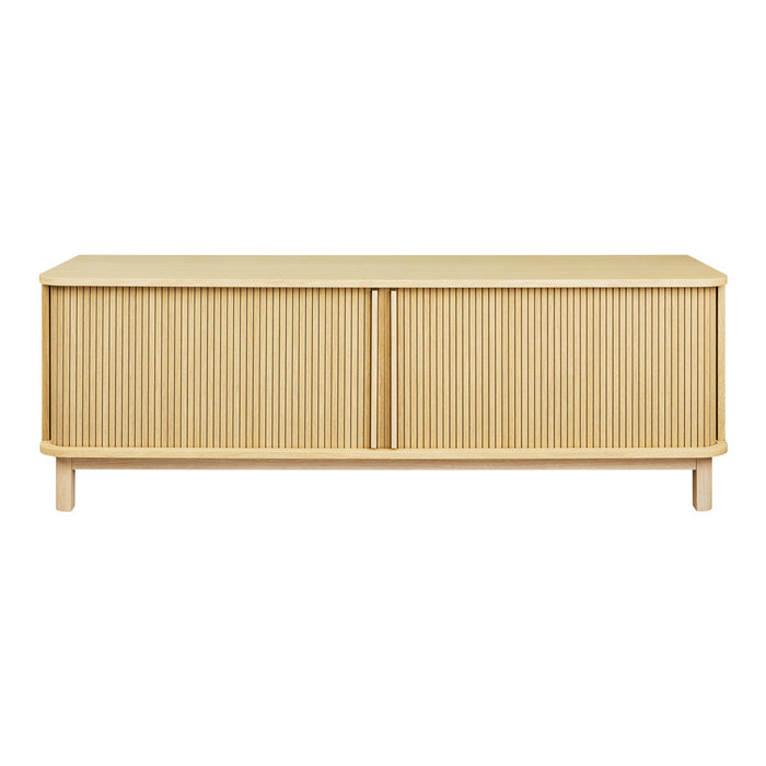 Light wood TV cabinet with vertical slat pattern and natural finish, perfect for modern decor.