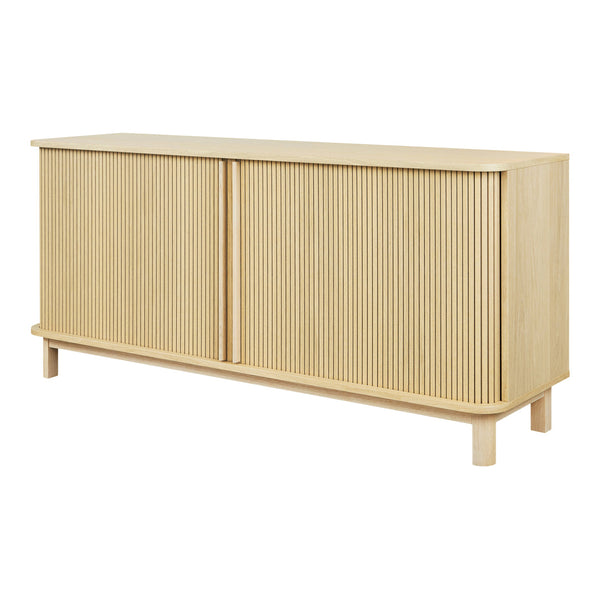 Light wood storage cabinet with a minimalist design featuring vertical ribbed patterns and a natural finish.